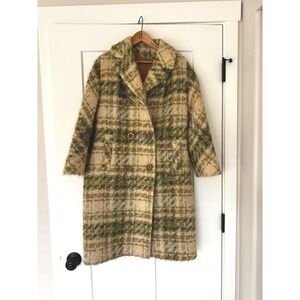 Vintage 1960s long wool coat:  Green and Tan Plaid‎ Boucle